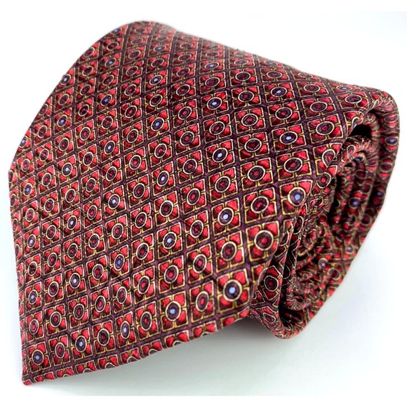 KOLTE Couture Red Plaid Circles Dots Geometric 100% Silk Necktie Hand Made Italy - Picture 3 of 12